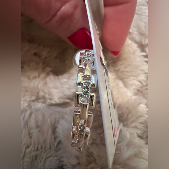 Nine West Silver Tone Geometric Hoop Earrings with Rhinestones NWT - Picture 2 of 5